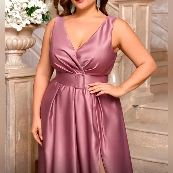 New Luxe Wrap Top Belted Maxi Dress PLUS Split Hem Sleeveless Pink
